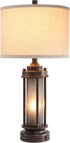 Miniatura 9 de Lámpara de mesa de granja de 25 pulgadas con 2 puertos de carga USB, lámpara de mesita de noche rústica vintage con luz nocturna de vidrio