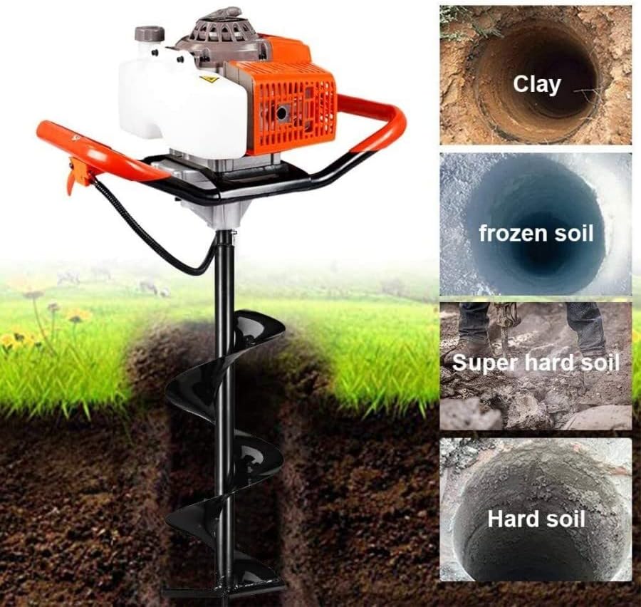 Diagram showing the components of the DC HOUSE Post Hole Digger: fuel tank, engine, alloy gearbox, switch, start rope, gas switch, and alloy cutter.