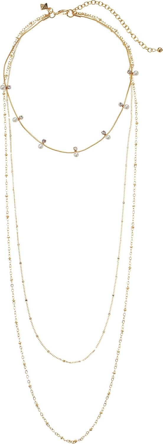Rebecca Minkoff Womens Pearl and Stone Multi Layer Chain Necklace