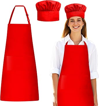 Chef Apron and Hat Set, Chef Hat and Kitchen Apron with Front Pockets for Adult