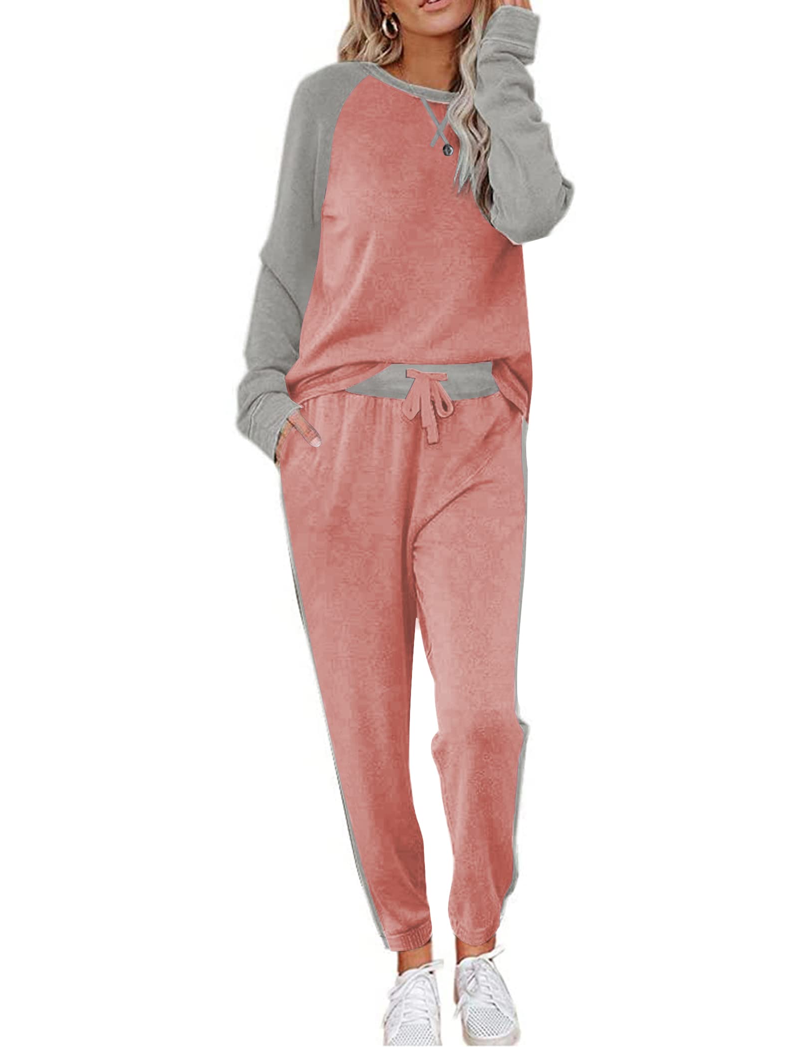 Ekouaer Schlafanzug Damen Langarm Pyjama Set Hausanzug Weich Zweiteiliger Bequem Loungesets Rund Ausschnitt Nachtwäsche