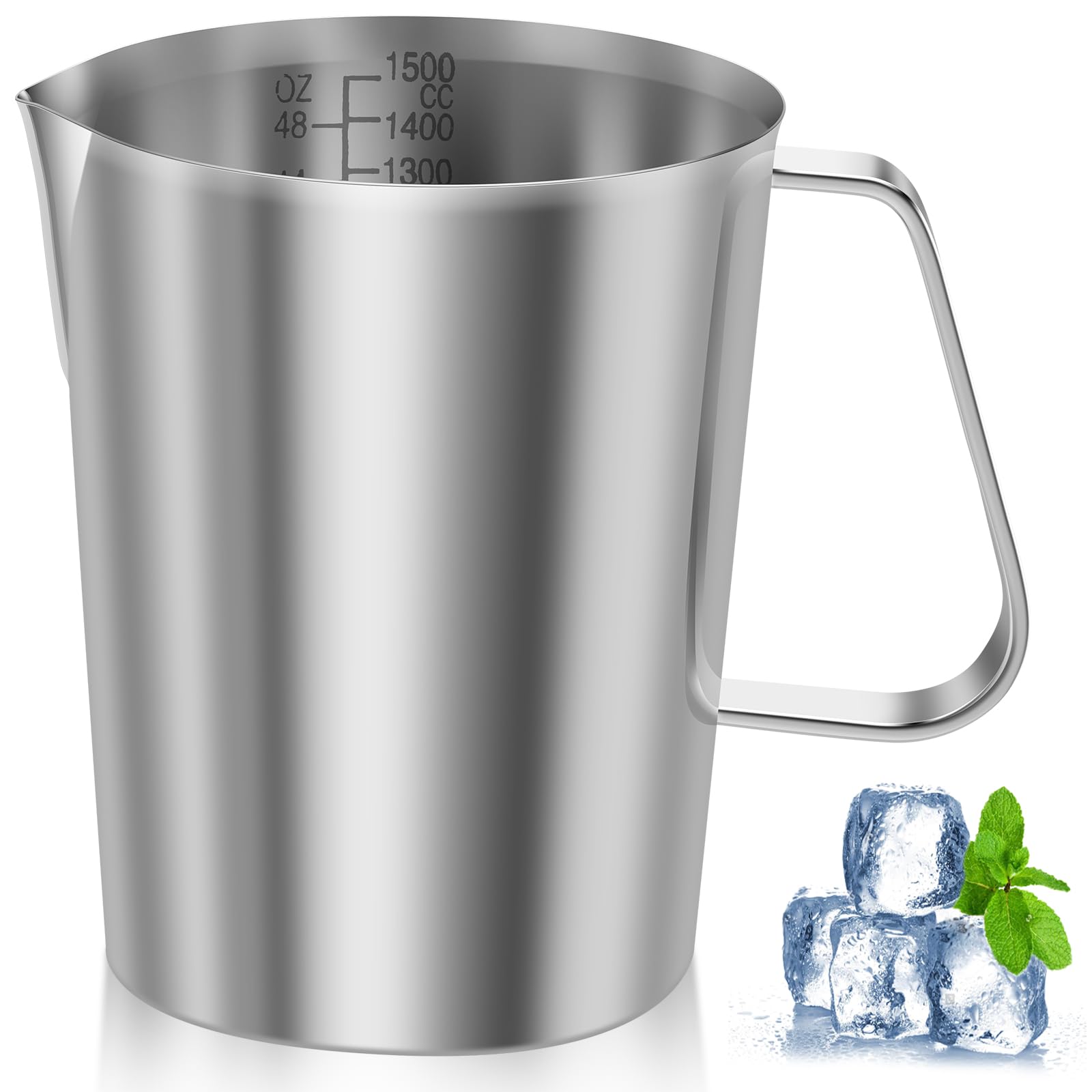 Stainless Steel Milk Jug 1500ml Milk Frother Cup with Clear Marking Rust Proof Large Mouth Metal Graduated Beaker with Handle Coffee Cappuccino Latte Art Barista Steam Pitchers for Coffee Lovers