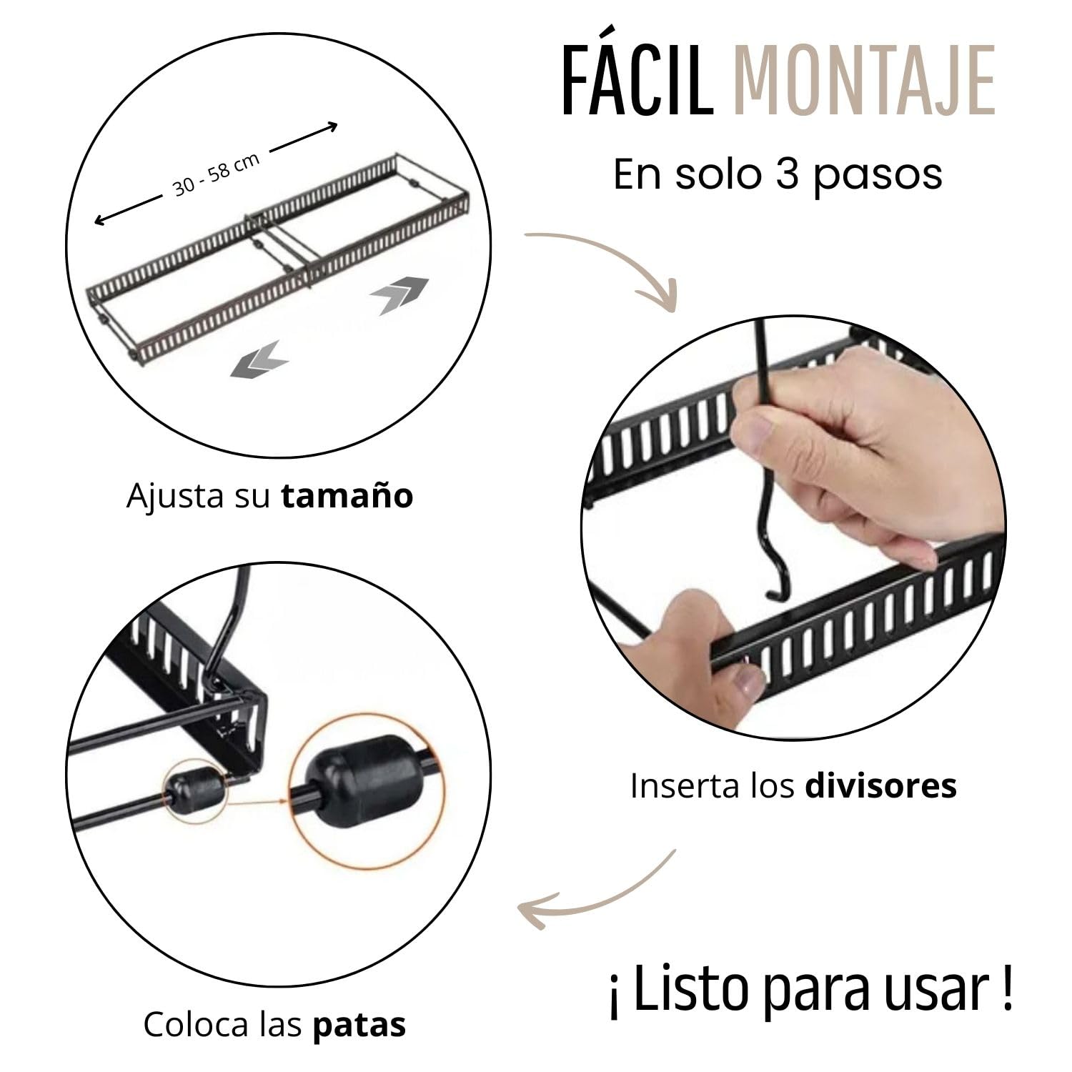 Organizador de Sartenes y Ollas Extensible con 10 Separadores + 2 Clips de Silicona Antiderrame - Soporte de Espátula | Soporte Ajustable para Almacenaje de Tapas, Ollas, Sartenes, Platos…