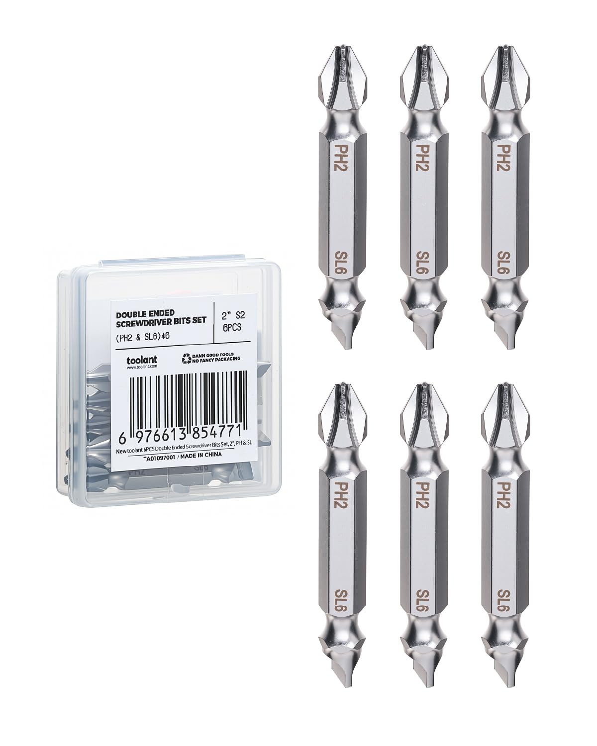 toolant Double-Ended Impact Bit Set, PH2/SL6, 2 Inch, 6-Piece