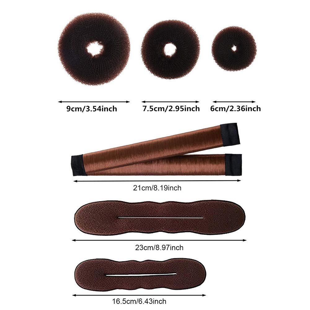 Juego de accesorios para el cabello: moldeadores de moños de esponja de espuma, clip mágico de giro francés, moños a presión, bandas elásticas y horquillas para el cabello (marrón) 2