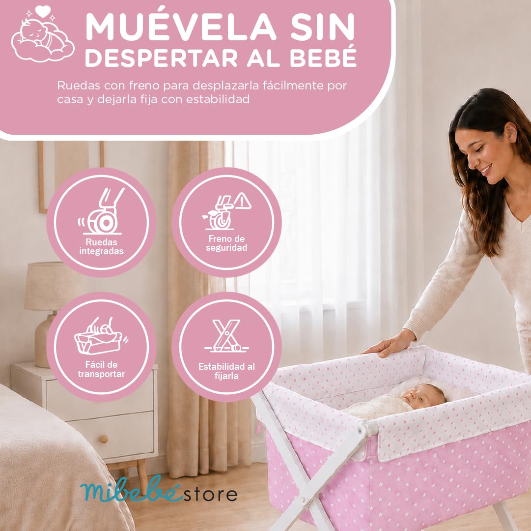 mibebestore Minicuna de Tijera Plegable de Madera con Ruedas y Frenos – Incluye Colchón, Colcha, Almohada y Textil 100% Algodón – hasta 9 Meses – Blanco/Rosa