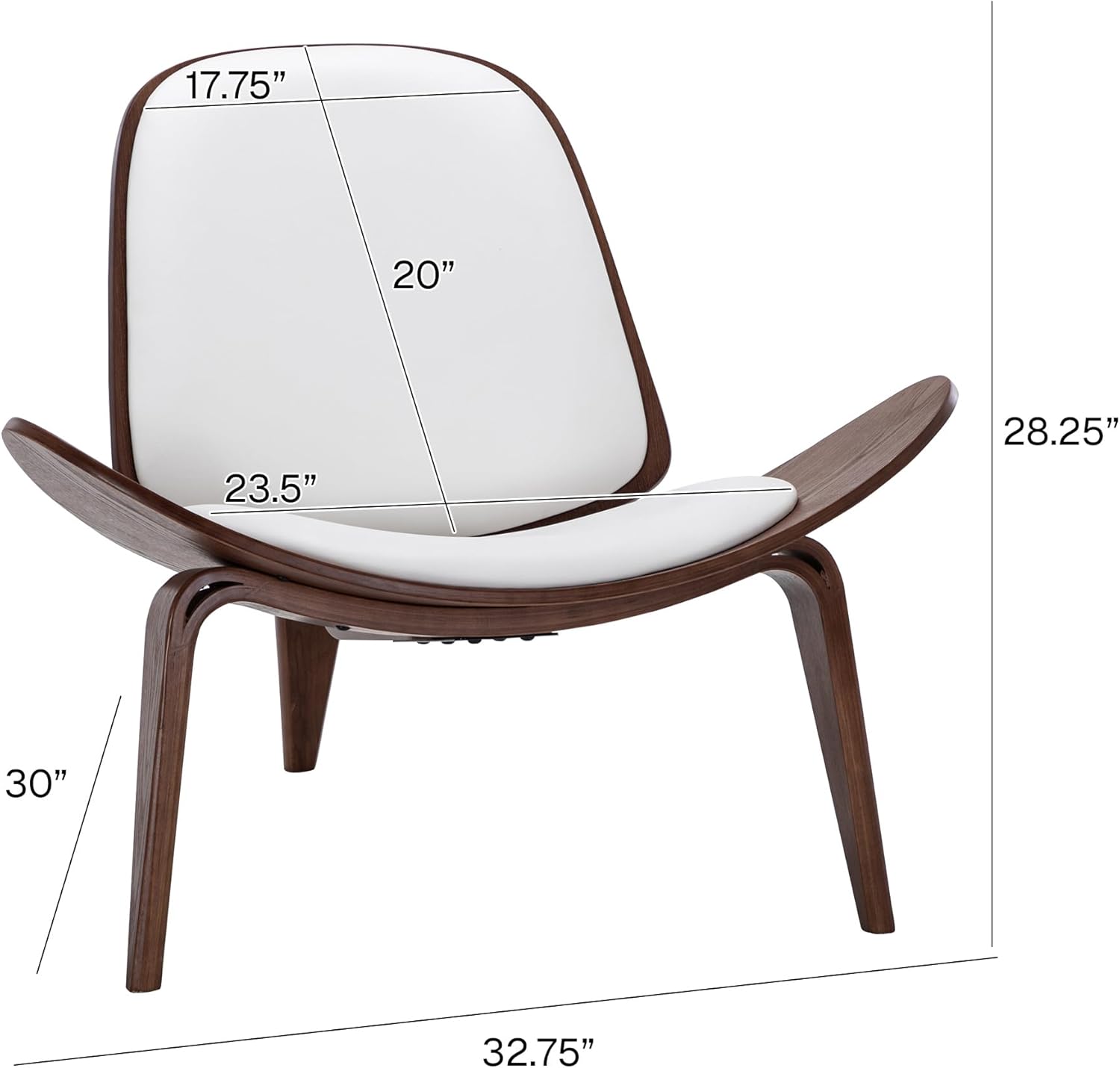 Belleze Mid-Century Modern Shell Side Accent Tripod Plywood Lounge Chair Walnut Upholstered Faux Leather, White