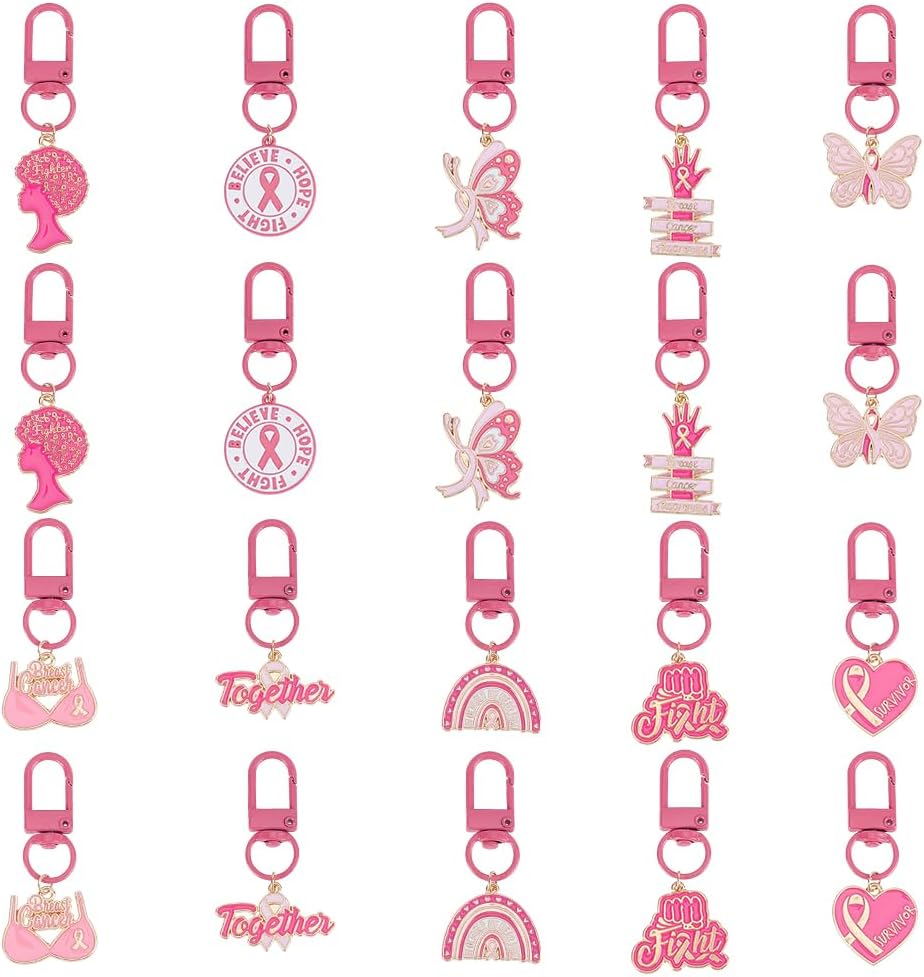WEBEEDY 20 Pcs 10 Styles Breast Cancer Awareness Charms Pink Ribbon Enamel Pendants with Swivel Clasps Cute Alloy Butterfly Heart Charms for DIY Jewelry Making Ideal Gifts for Breast Cancer Survivors