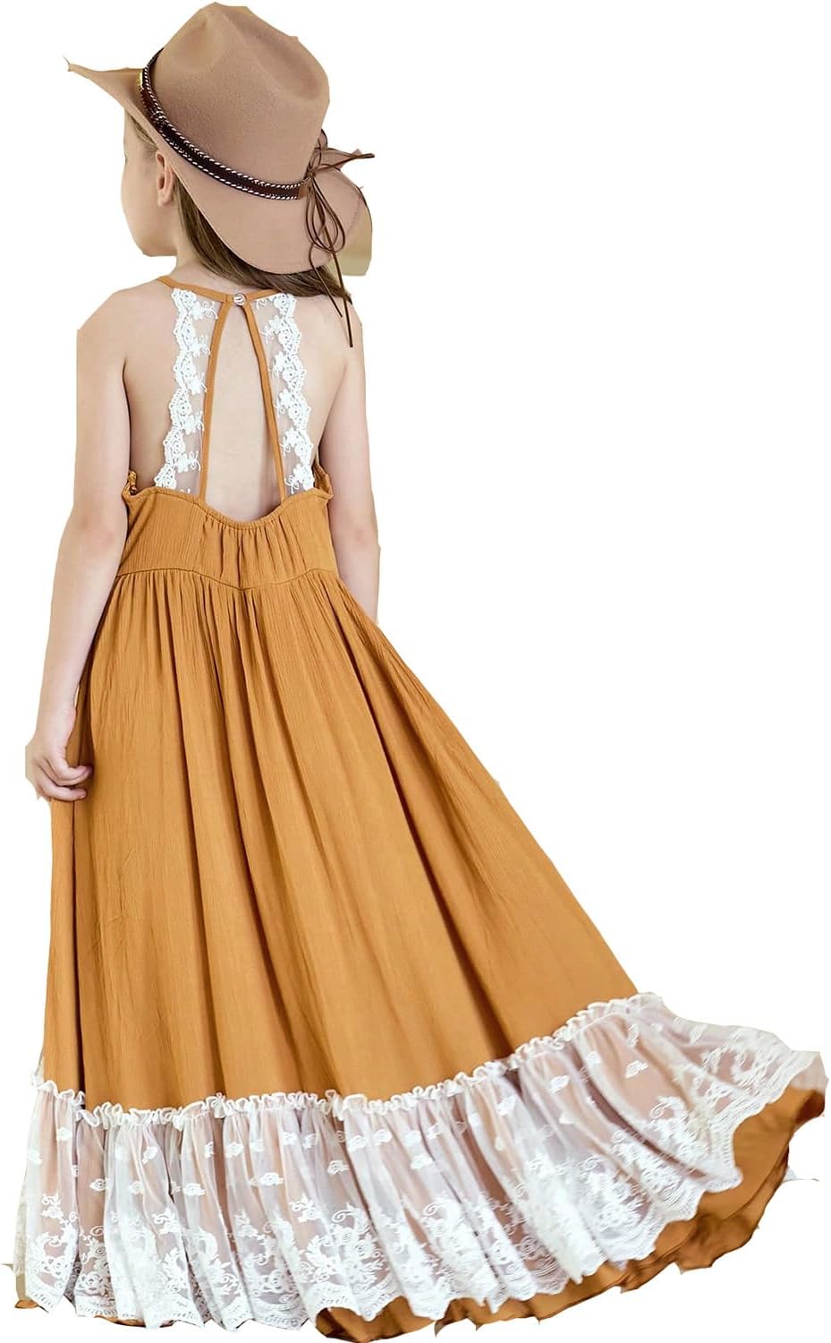 BIBIHOU Girls Kids Lace Back Full-Length Backless Tulle Party Holiday Formal Flower Girl Dress