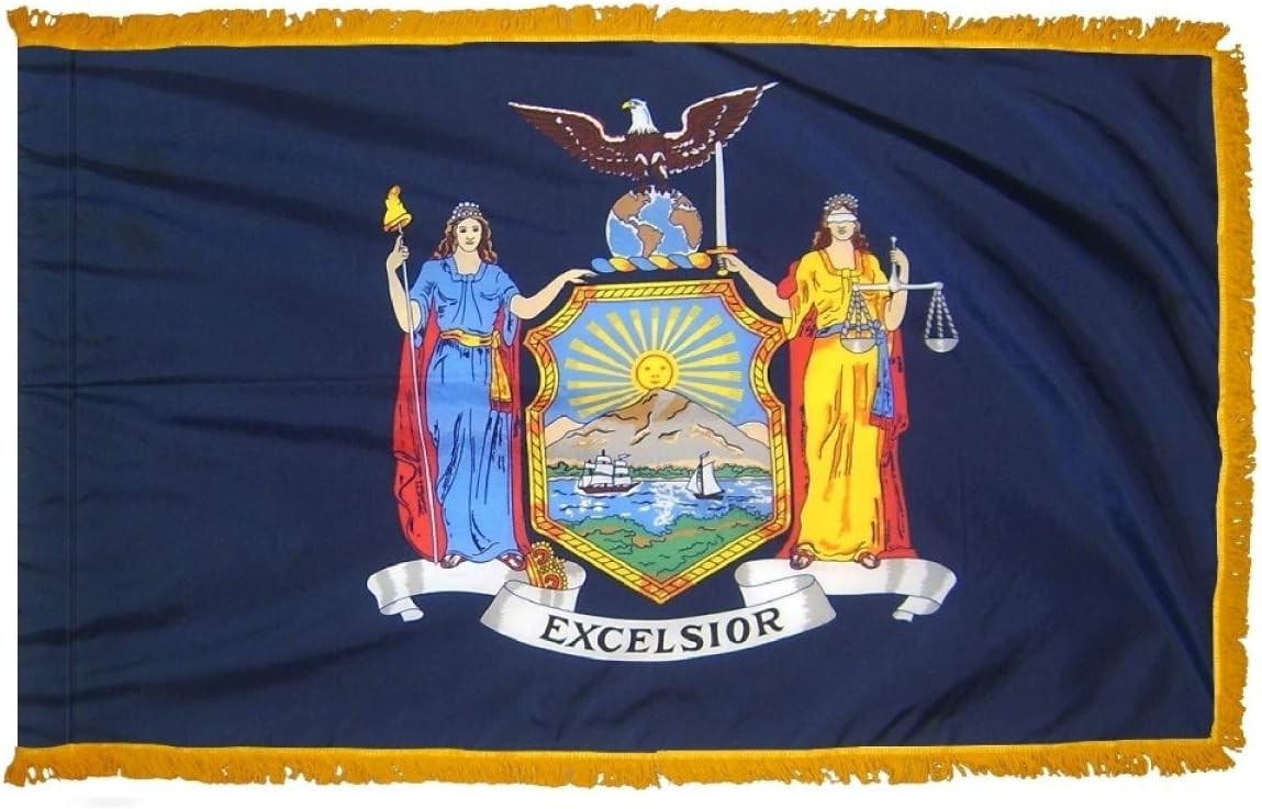 New York State Flag With Pole Hem & Gold Fringe 3 feet x 5 feet.