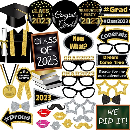 2023 Graduation Decorations Party Supplies Photo Booth Props, Black Gold Graduation Pose Signs For Graduation Party, Upgraded Version With Long Paper Sticks And Long Double-Side Tapes 35Pcs #TOP7