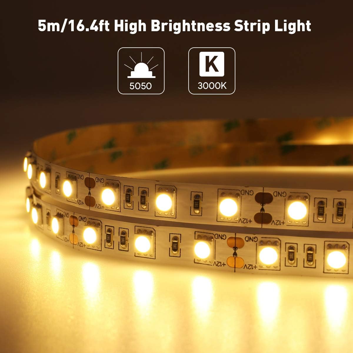LE 16.4ft LED Strip Light, Super Bright, 300 LEDs SMD 5050, Non-Waterproof LED Tape, Flexible Rope Light for Home, Kitchen, Under Cabinet, Bedroom, 12V Power Supply Not Included, Warm White
