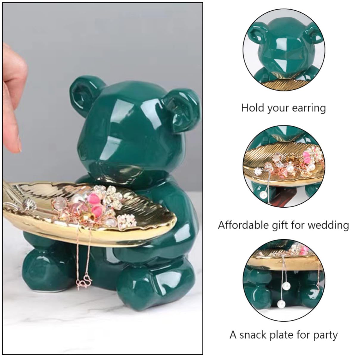 Beaupretty Bandeja de Cerámica para Joyas Forma de Oso, Verde Nórdica