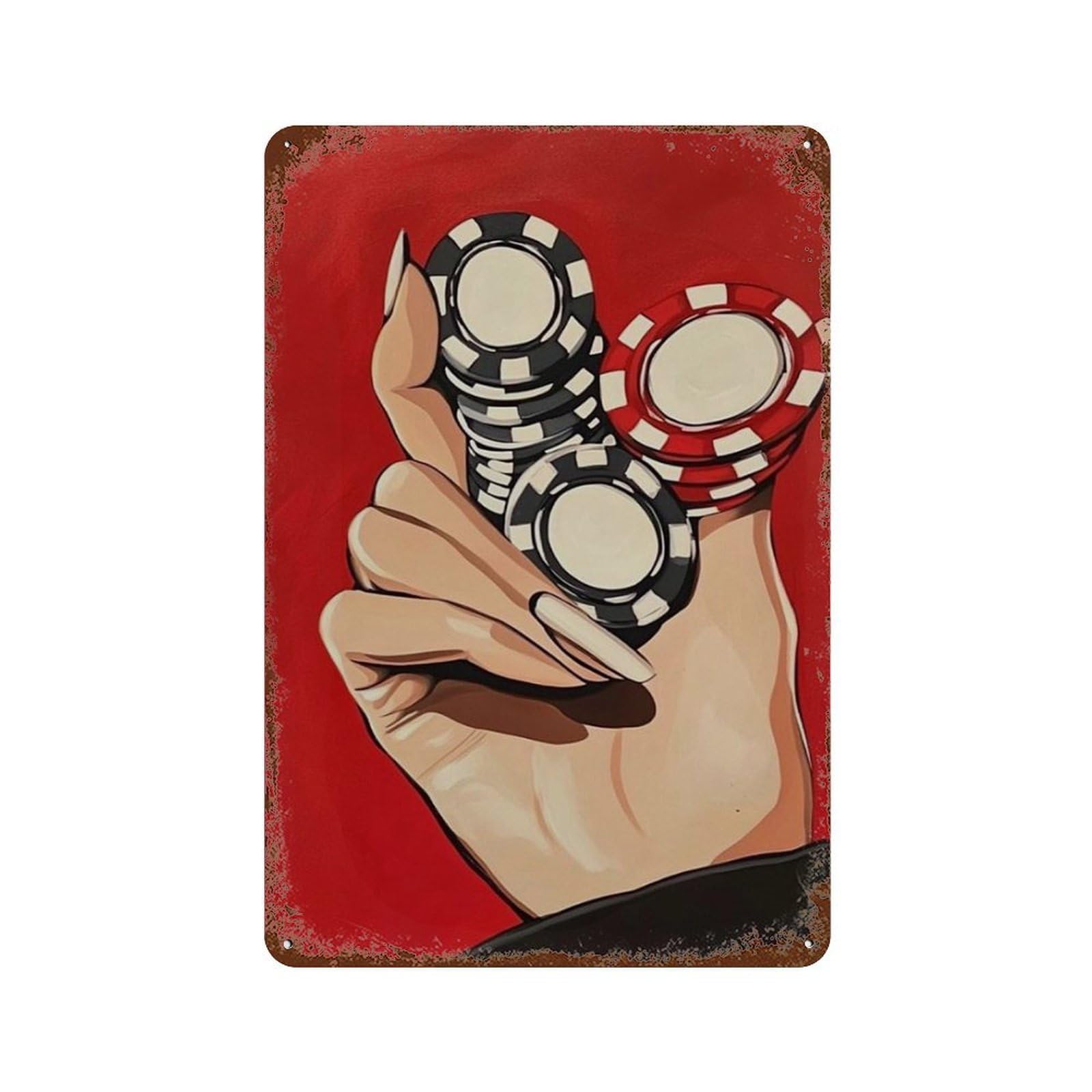 xiaoxiaoshen Casino Chips Gambling Poker Hand Bold Red Work Modern Pop Wall Decor Art Metal Tin Poster Modern Home Decor Art Home Bar Shop Decorations Vintage Sign 30x20cm