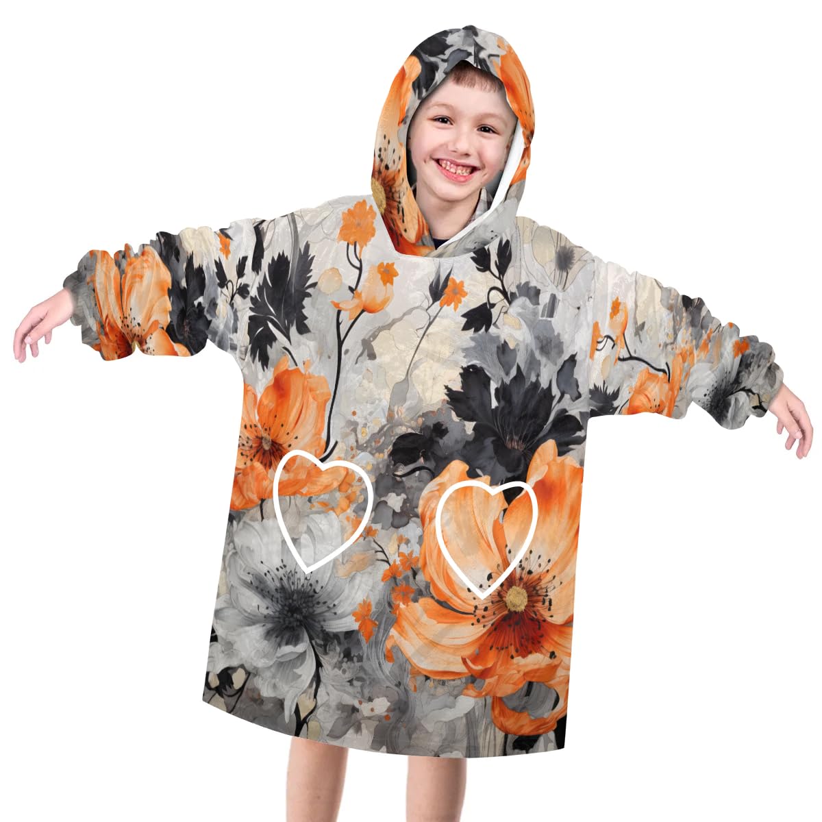 Wearable Blanket Hoodie for Kids, Oil Painting Florals Fleece Sweatshirt Blanket Oversized Blanket Sweatshirt with Pocket Flannel Warm Hooded Blanket 6-10 Year Old Girl Boy Gift, One Size