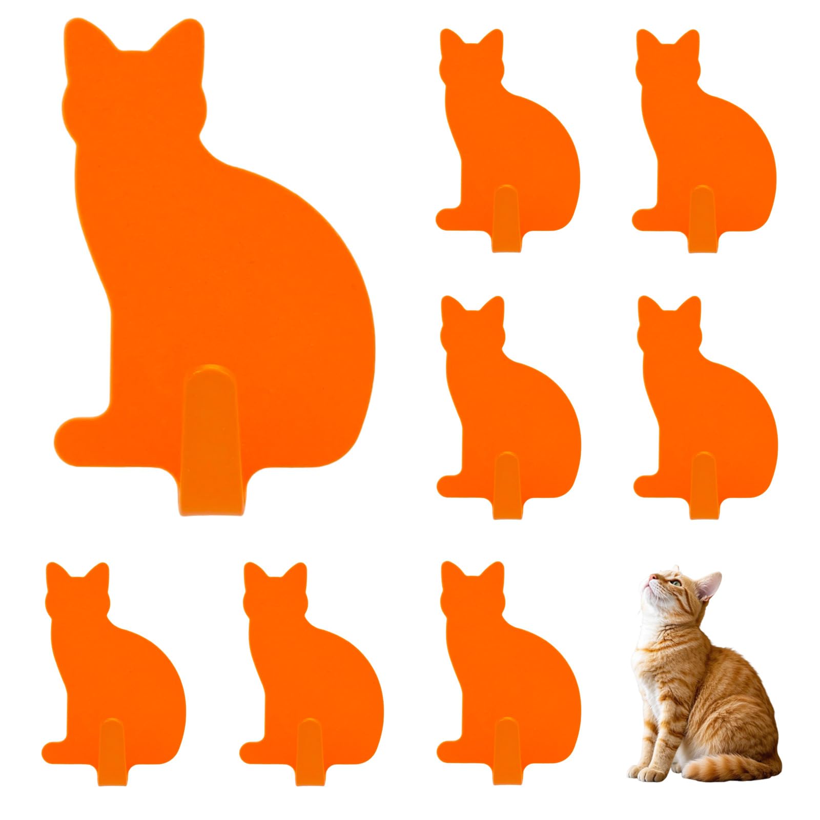 DueHoppee Adhesive Wall Hooks Cat Shaped - 8 Pack Stainless Steel Key Hangers for Cat Lovers - Cute Decorative Hooks for Hanging Hats, Bags,Towels(