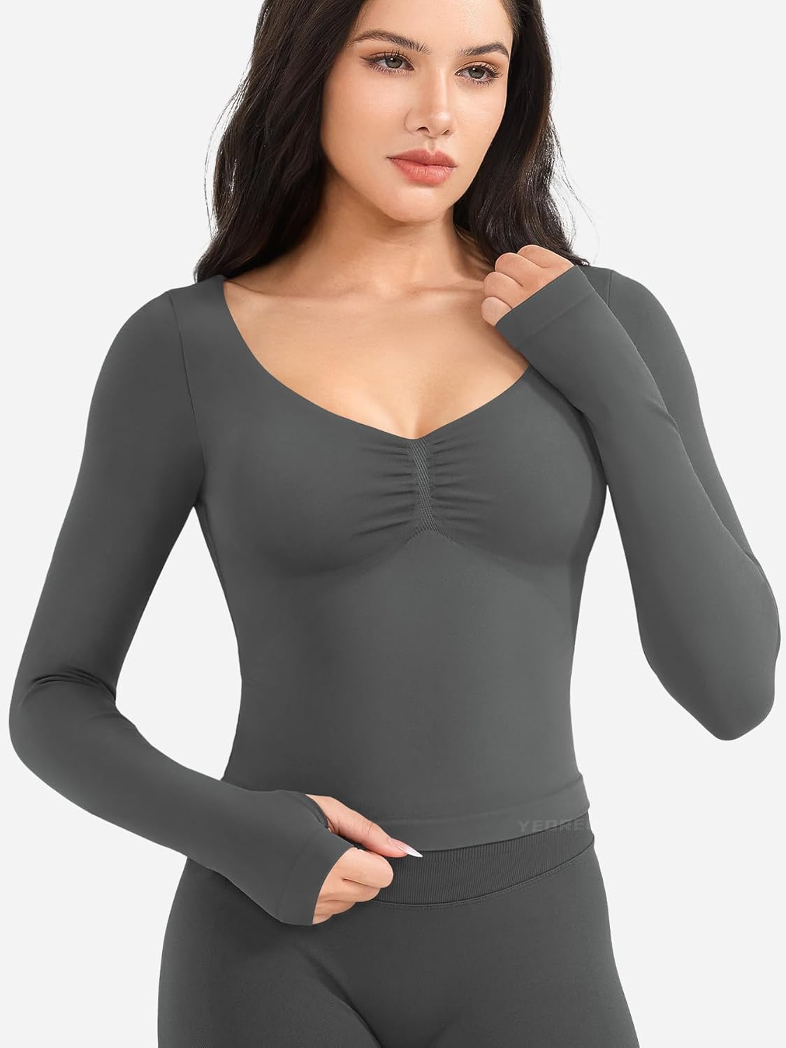 YEOREO Long Sleeve Workout Tops for Women Padded Deep V Neck Double Lined Impact Tops Agniee Slim Fit Gym Athletic Shirts - Image 3