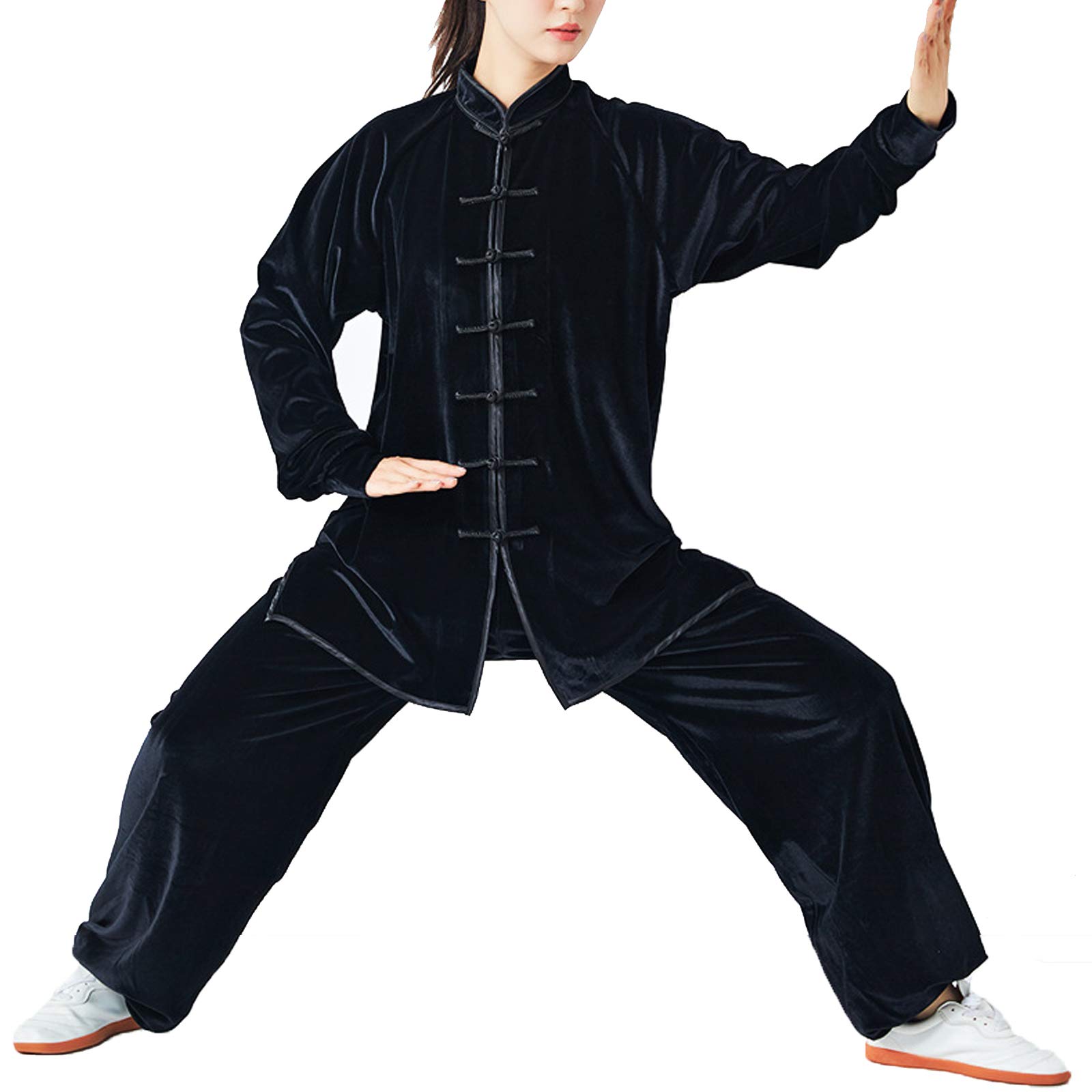 Męski mundur do sztuk walki Kung Fu, strój tang z długim rękawem złoty aksamit Tai Chi odzież Unisex dwuczęściowy, odpowiedni dla Wu Shu Wing Chun Taekwondo (kolor: czarny, rozmiar: XS)