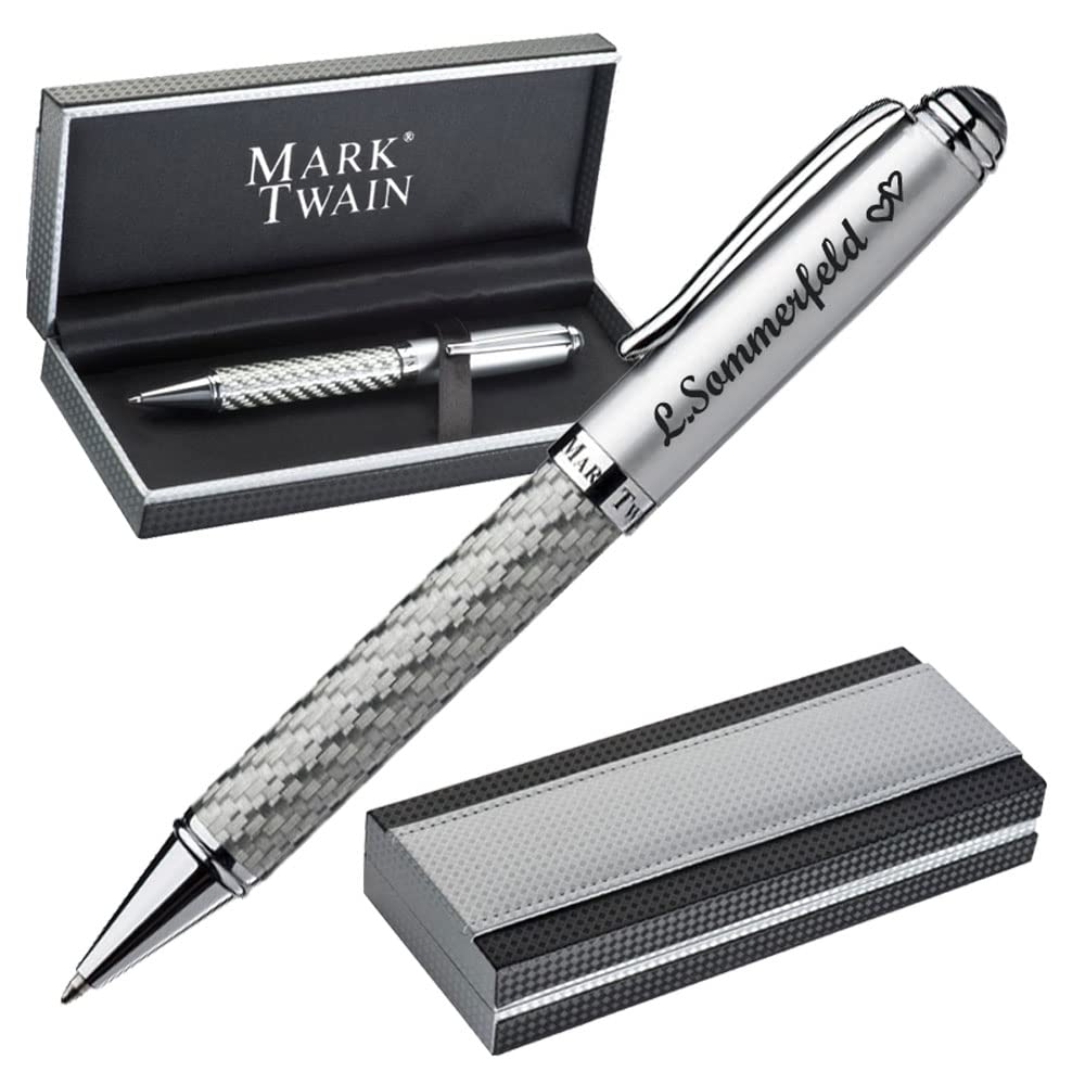 M A R K TWAIN Exklusive Kugelschreiber mit Gravur aus Metall inklusive Geschenkbox - in silbernem Karbondesign - Geschenk zum Geburtstag Jubiläum verschiedene Anlässe PS152