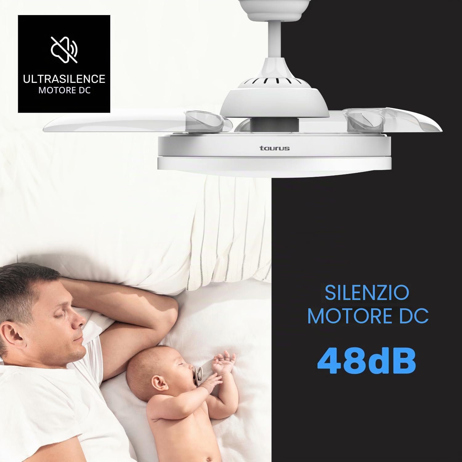 Taurus – Ventilatore da Soffitto con Luce Fresko Hide&Go | 3 Pale | Ultra silenzioso | Timer 8h | 6 Velocità | Telecomando | Programmazione | Motore DC | Bianco