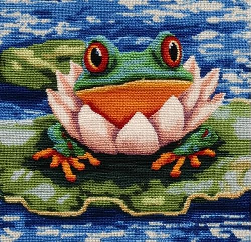 FanZheZhe DIY Embroidery Cushion Pillow Case Frog on a Lotus Leaf Needlepoint Craft Set Cushion Kit Cross Stitch Cushion Cover Kit Stitched Cushion Kit,18x18in