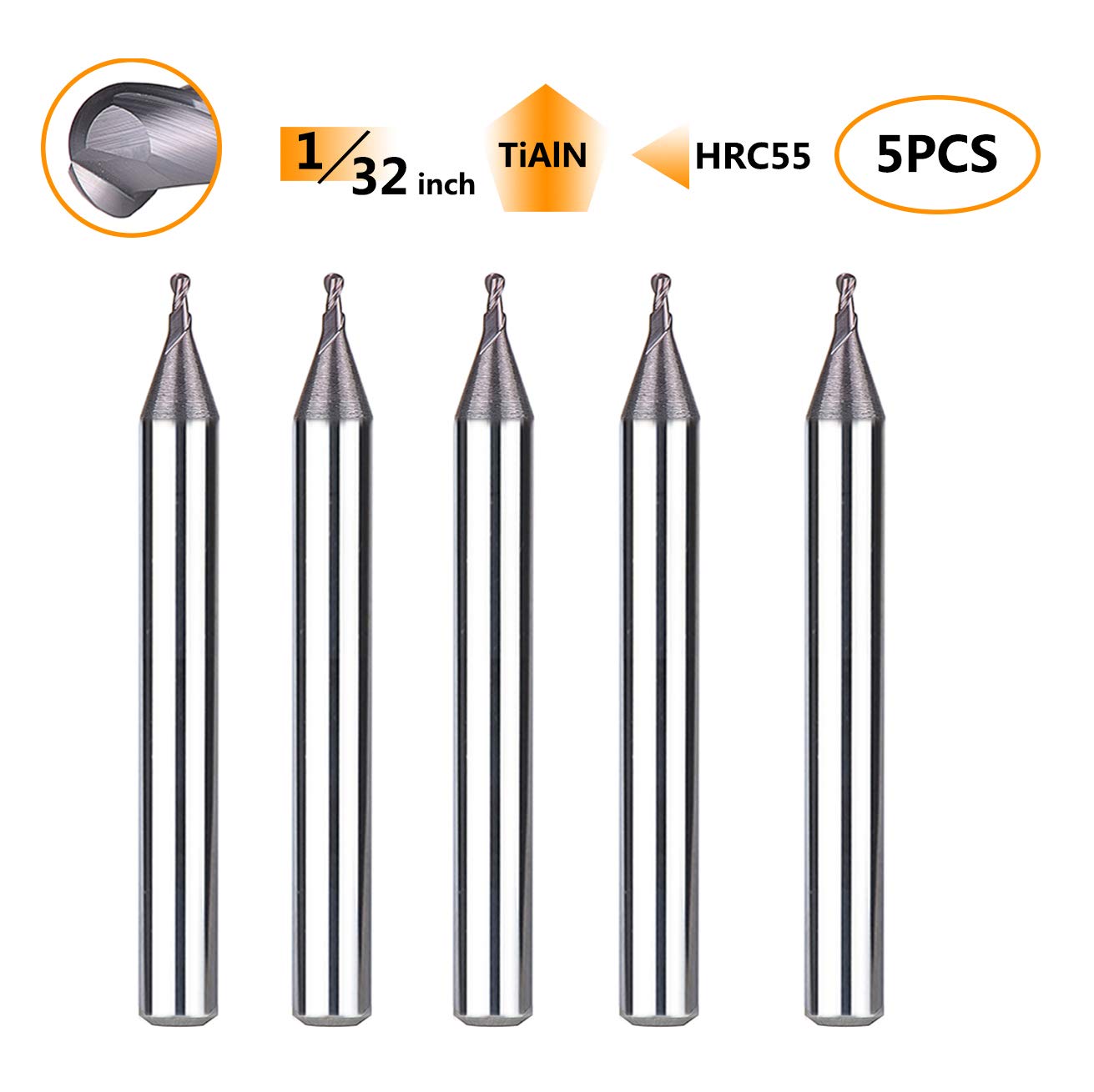 SpeTool 5Pcs Carbide Ball Nose End Mills with TiAlN Coated , 1/32 inch Cutting Diameter , 1/8 inch Shank , Up Cut Spiral Router Bits CNC End Mill Set for Metal Steels Engraving