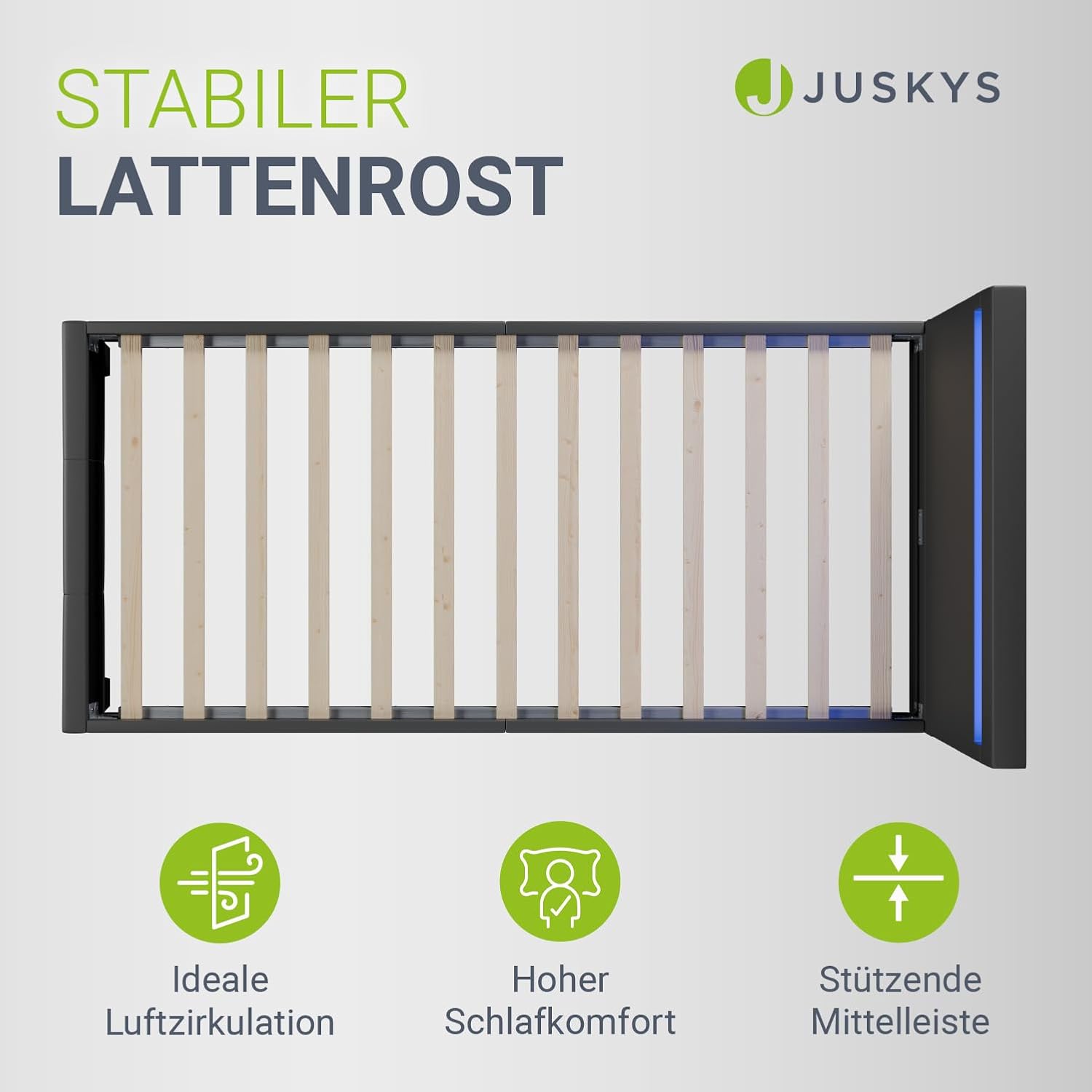 Juskys Polsterbett Paris 90x200cm mit LED & Lattenrost, Dunkelgrau