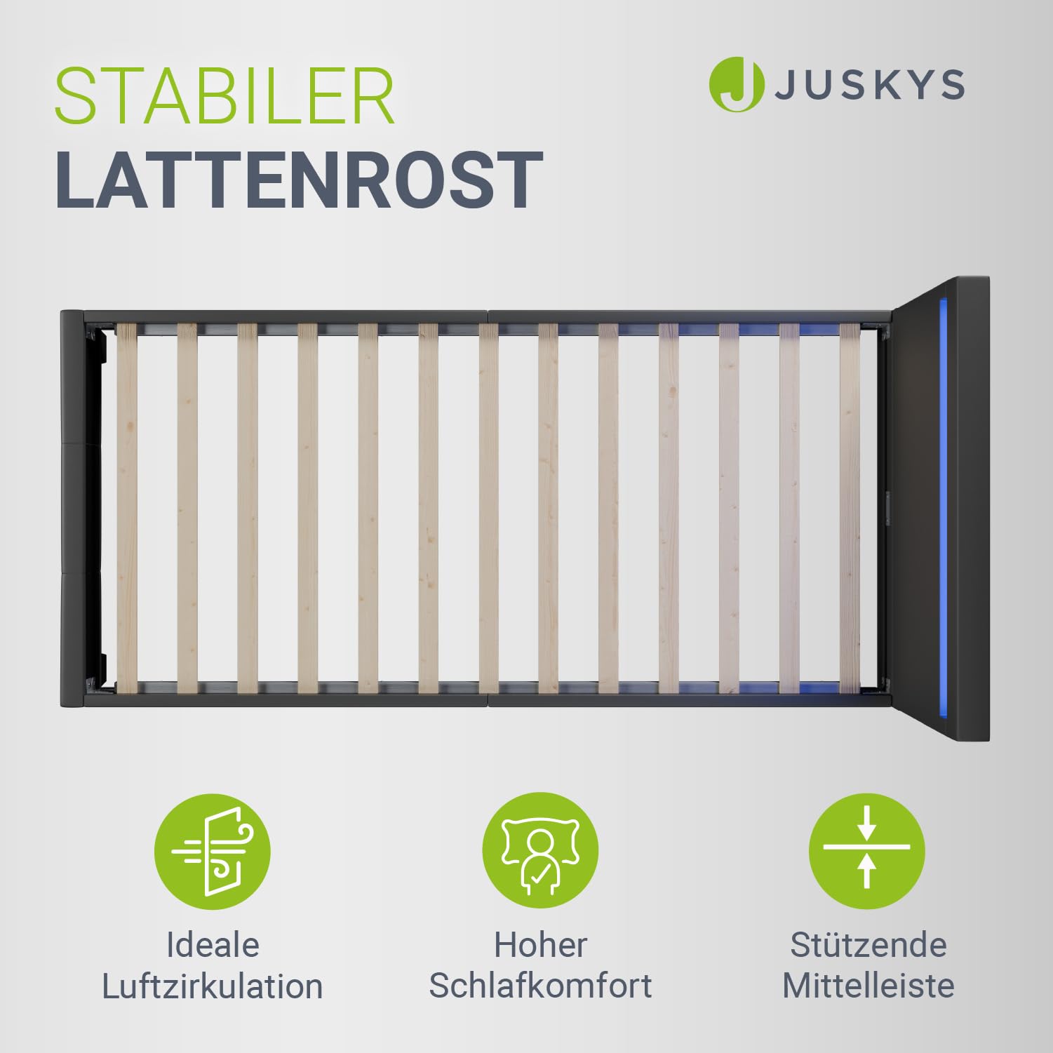 Juskys Polsterbett Paris 90x200 cm mit LED-Beleuchtung, Lattenrost & Kopfteil, Bett mit Gestell aus Holz & Webstoff Bezug, grau