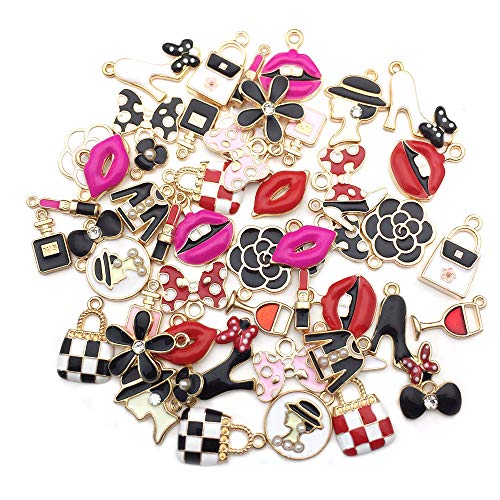 WOCRAFT 50pcs Gold Plated Enamel Women Makeup Lip Lipstick Perfume Purse High Heels Bow Charms Pendant for Jewelry Making Necklace Bracelet Earring DIY Jewelry Charms (M432) - Thumbnail 3