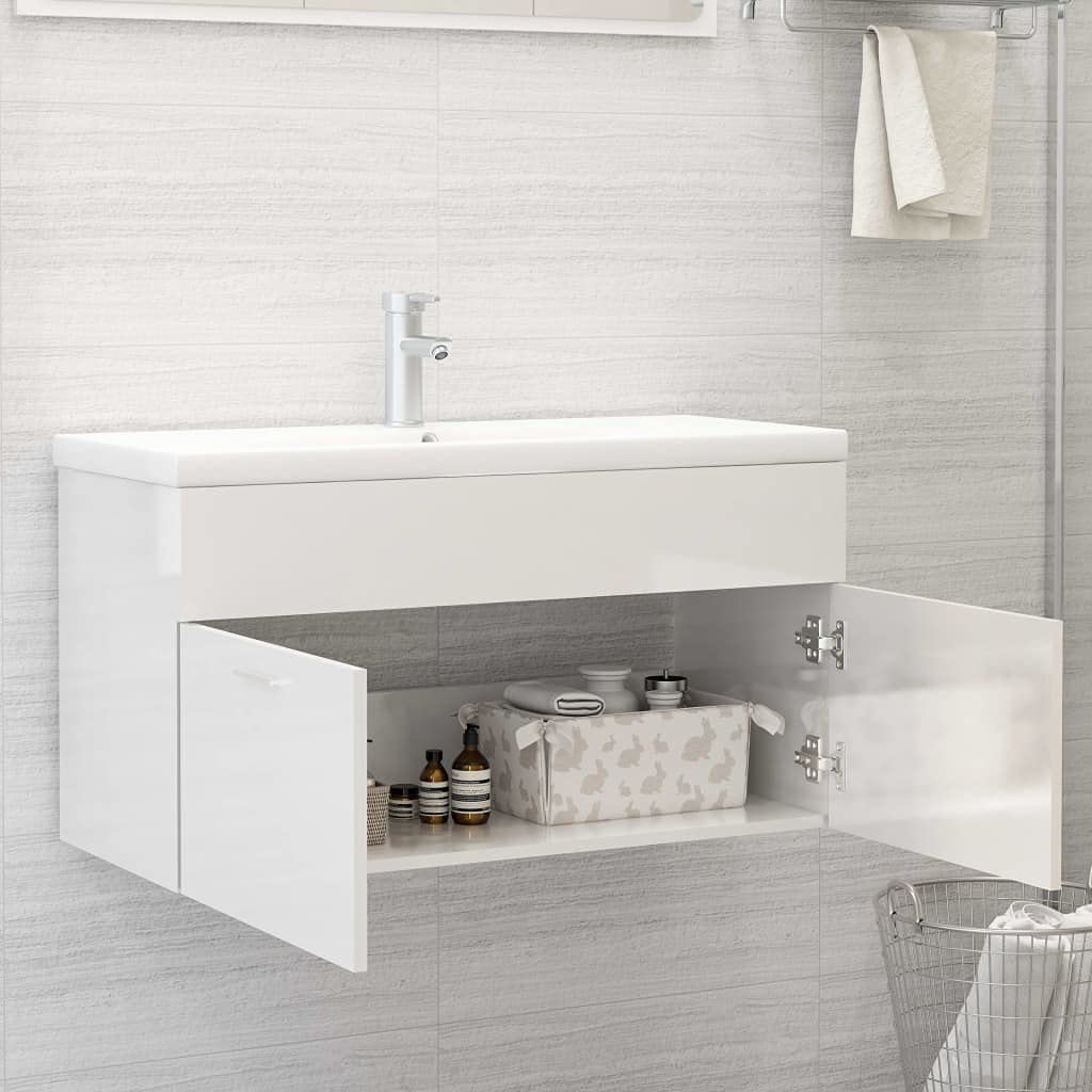 Armadietto per lavabo montato a parete, in truciolato bianco lucido, 90 x 38,5 x 46 cm