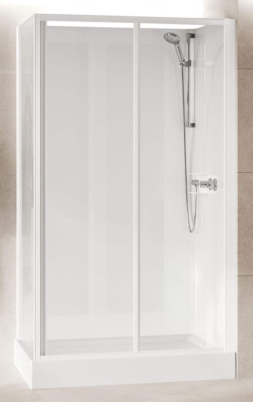 Novellini Media Glass 2P Standard 120 x 80 cm Cabina ducha multifunción apertura 1 puerta corredera reversible mezclador termostático vidrio transparente perfil blanco estantes ducha altura 210 cm