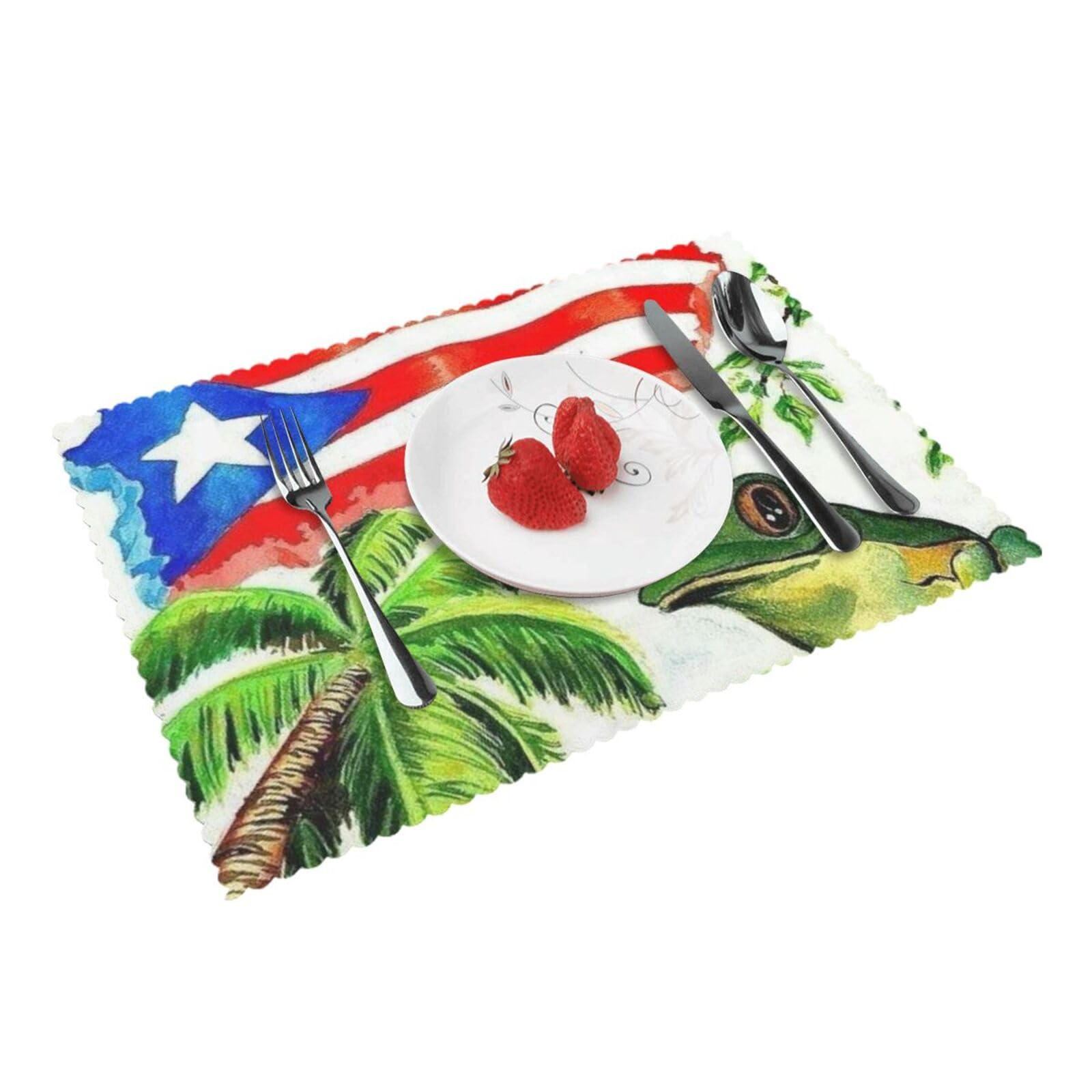 Puerto Rico Flag Frog Palm Trees Printed Placemats Set of 4 PCS Washable Placemat for Kitchen Table Heat-resistant Table Mats 45x30 CM