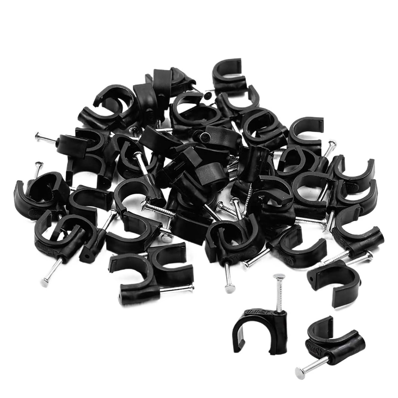 Gwoździe Zaciski do kabli 100 sztuk, stalowy zacisk drutu, tworzywo PE, okrągła rurka 7 mm/6 mm, w kształcie litery C, czarno-biały(Black)