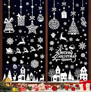 193 Pcs Christmas Window Stickers Cling, White Xmas Window Stickers Reusable, Double Side Window Stickers Christmas Scene for Christmas Decorations with Large Snowflake Reindeer Tree for Glass Decals