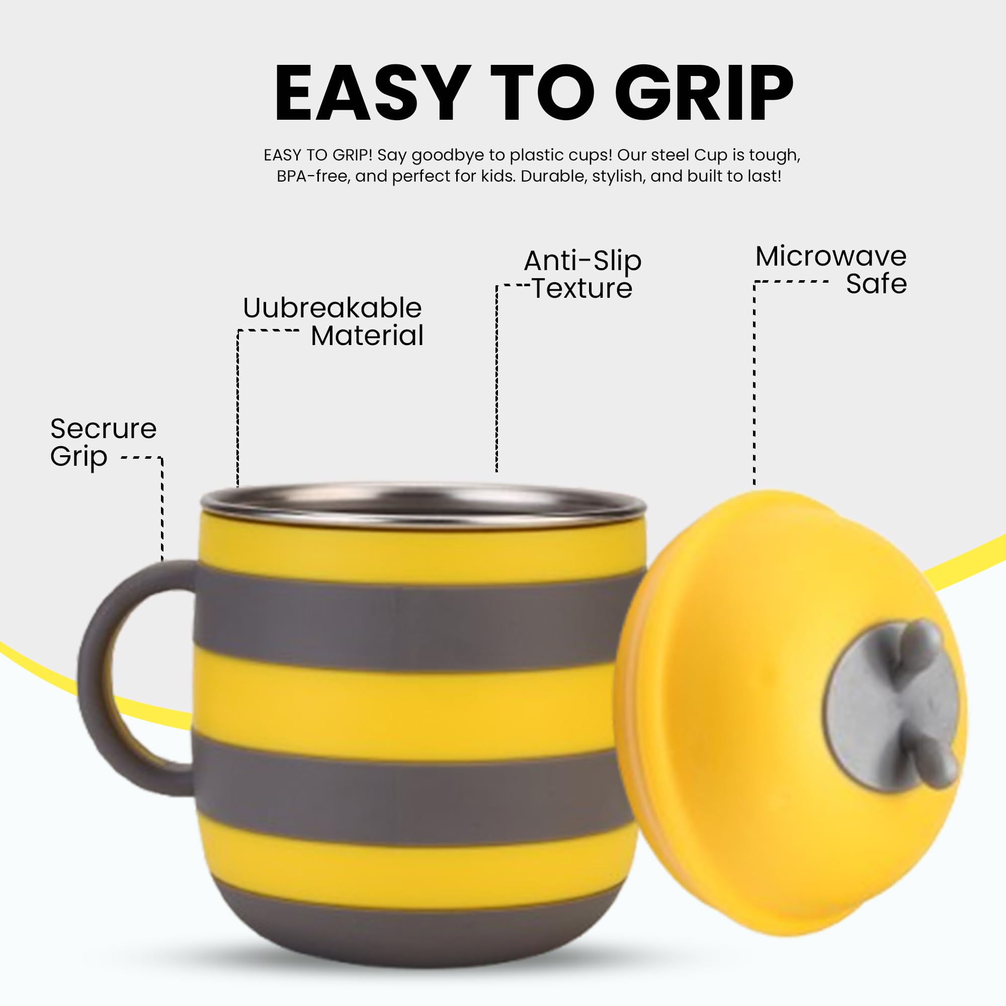 ONE AND ONLY Baby Sippy Cup | Stainless Steel Spill Proof Training Cup & Water Bottle with Handle | Toddler & Kids Milk Sipper Feeding Bottle | BPA-Free Baby Drinking Cup (Yellow) - Image 2 thumbnail