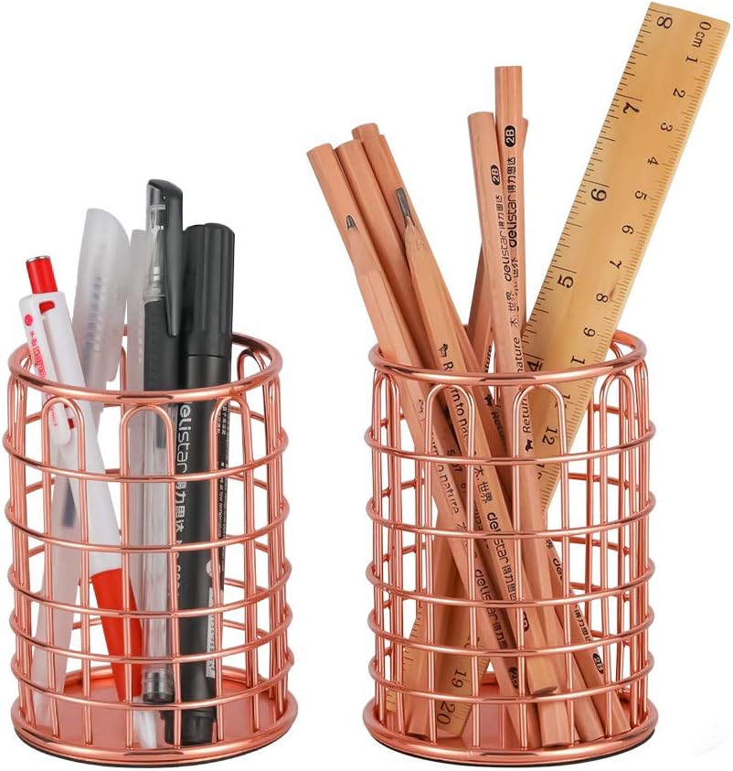 Denozer Pen Holder Wire Metal Pencil Cup for Desk Office，Rose Gold， 2 Pack