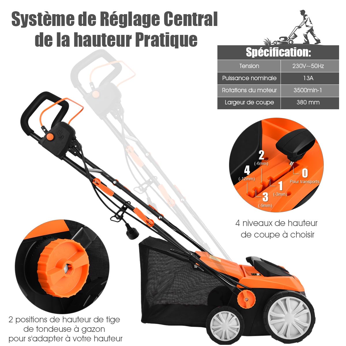 RELAX4LIFE Scarificateur Aérateur Électrique 1800W jusqu'à 350m² avec Bac de Ramassage 45L, Profondeur&Hauteur Réglable,Verrou de sécurité pour Gazon Sol (Orange, 45L-1800W)