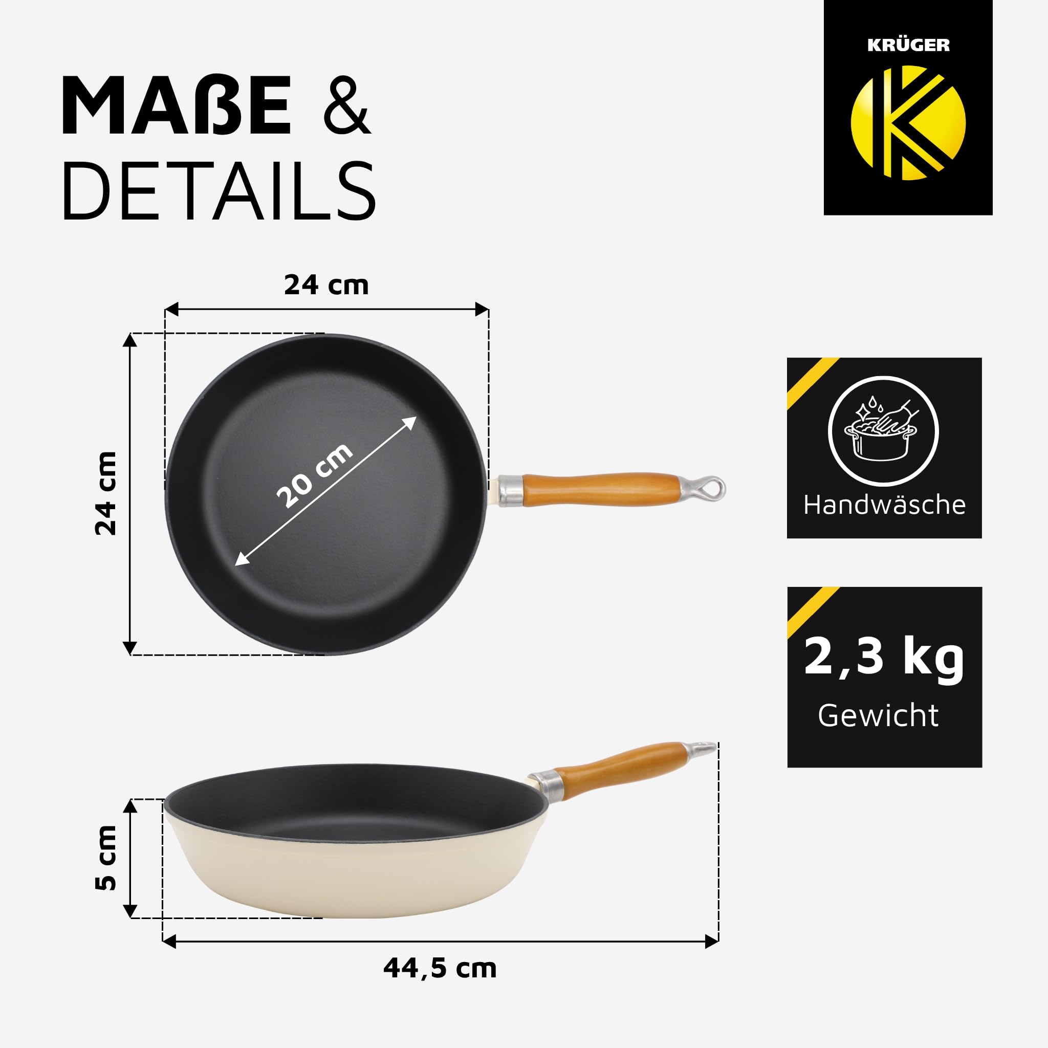 Krüger Gusseisenpfanne mit Holzgriff - emailliert - außen creme, innen schwarz matt - hohe Hitzebeständigkeit - sehr gute Wärmespeicherung -für alle Herdarten inkl. Induktion geeignet (Savanna, 24 cm)