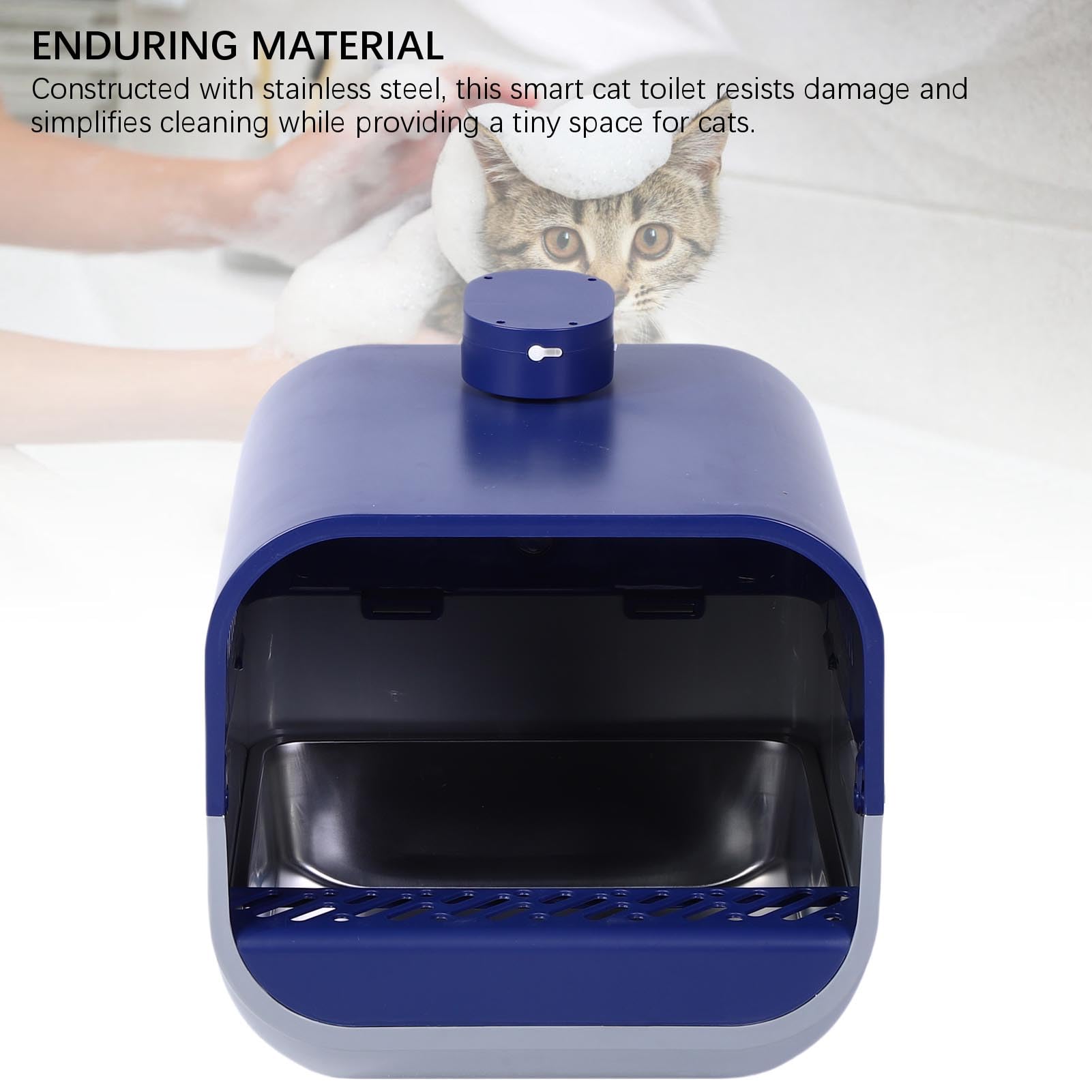 Caja de Arenas Inteligente para Gatos con Videoportero con Función de Pulverización de Soplador, Inodoro para Gatos de Acero Inoxidable Antisalpicaduras con Cuchara (Azul)