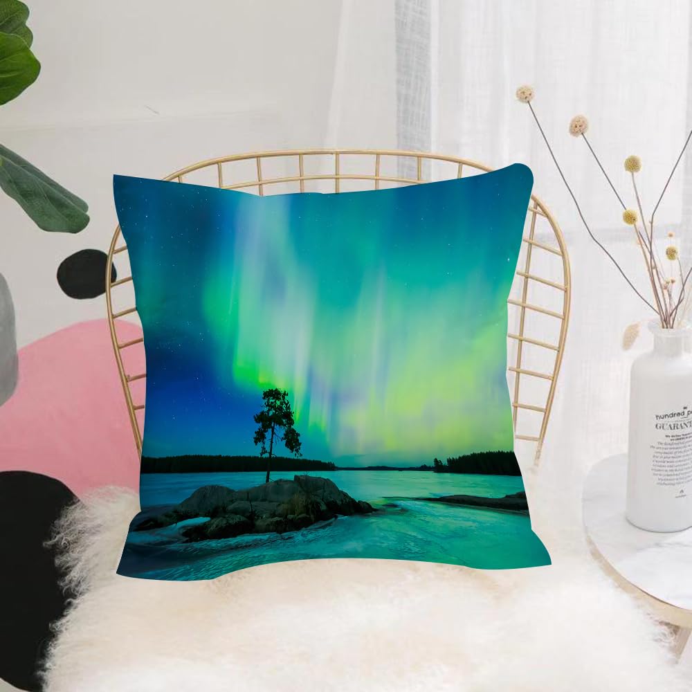 Hyosxw Night Sky Scene, Glowing Northern Lights Ill - A9 Cushion Cover,Throw Pillow Case Home Decorative For Living Room Bedroom Sofa Chair 18X18 Inch,Night Sky Scene, Glowing Northern Lights Illuminate The Night, Icy Lake And A L,Pillowcase 45X45cm