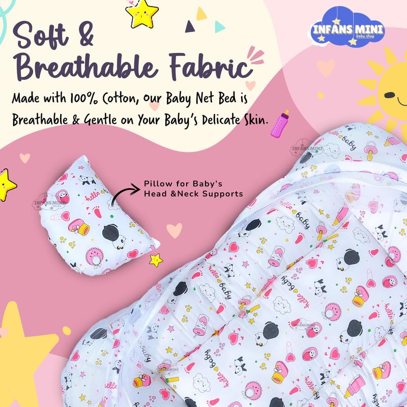 Image of Baby Bed with Mosquito and Insect Protection Net, Portable Mattress with Zip Closure & Pillow Ideal for Babies from 0-6 Months-Unisex (Panda Pink)
