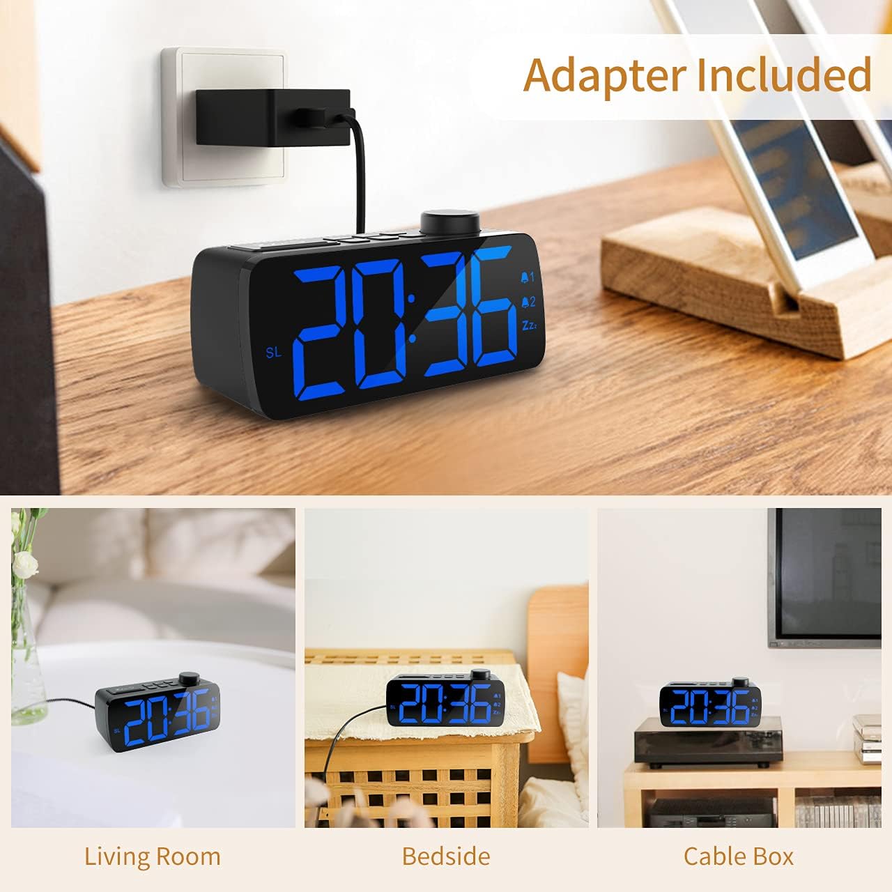 NOKLEAD Digital Alarm Clock Radio connected to power adapter