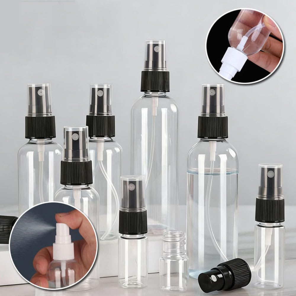 50 Atomizadores Vacíos Transparentes de Plástico 5-250ml, Recipientes Recargables Portátiles para Perfume, Alcohol y Muestras Cosméticas (50,200ml,Tapón negro)