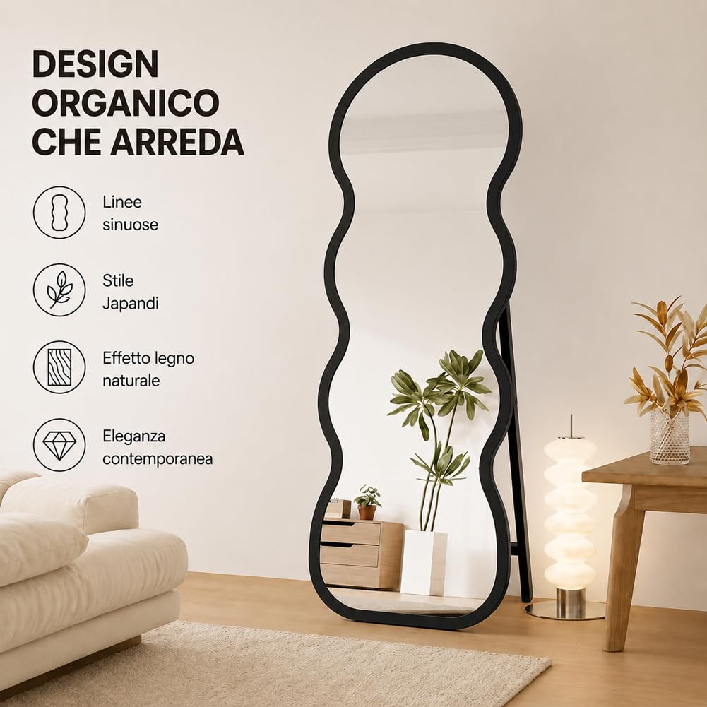 Shally Dogan Specchio Ondulato Autoportante con Struttura in Legno Resistente, Decorazione per Interni Design Moderno, Specchi Figura Intera Indipendente da Terra, 160 x 60 cm, Nero