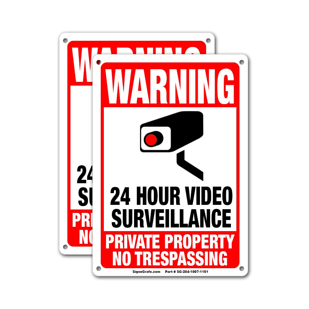 Paquete de 2 letreros de videovigilancia de 24 horas, señales de propiedad privada de 10 x 7 pulgadas, cámara de seguridad para el hogar, negocios, letrero privado, uso en interiores y