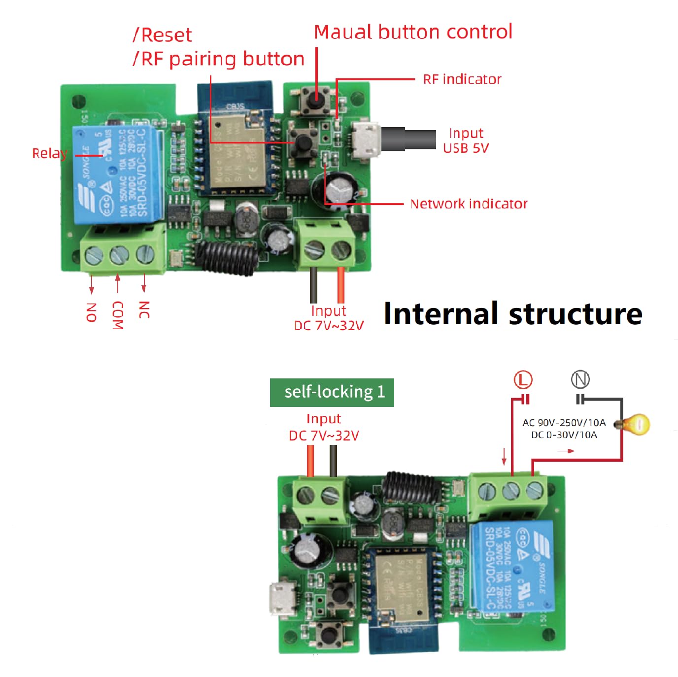Internal structure and self-locking wiring diagram of LETLINK 1CH 7-32V Relay Module