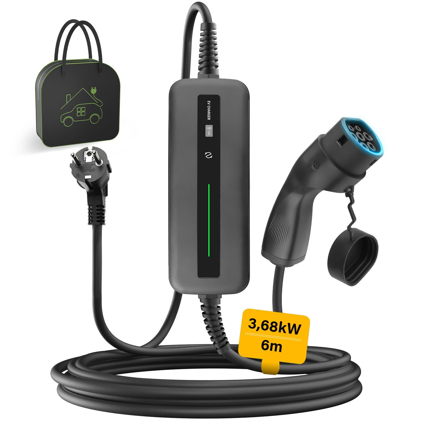 Cargador EV Tipo 2 Cable de Carga Coche Electrico 10A/16A Conmutable con Enchufe Schuko, 3.68KW, 6M con Bolsa, Pantalla LCD, Wallbox Portatil para EV y PHEV