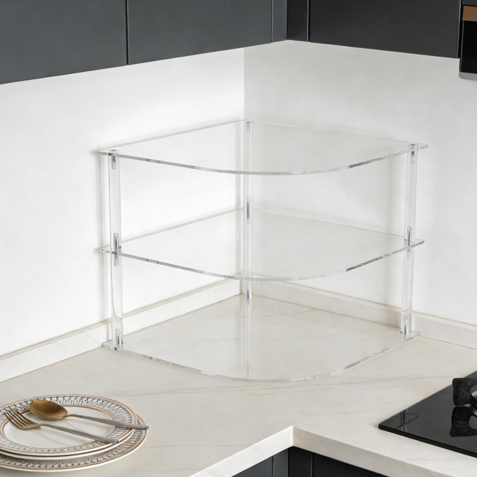 Angoily Organisateur d'assiettes pour optimiser l'espace dans Les placards - Étagère d'angle en Acrylique pour Vaisselle et Bols - Rangement de comptoir de Cuisine à 3 Niveaux - Étagère