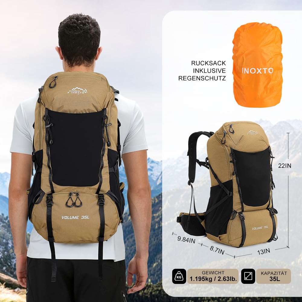 INOXTO Wanderrucksack Herren Damen,35L wasserdichtes leichter Wanderrucksäcke mit 3L Wasserbeutel mit Regenschutz für Bergsteigen, Wandern, Camping, OutdoorSportarten (Khaki Schwarz)