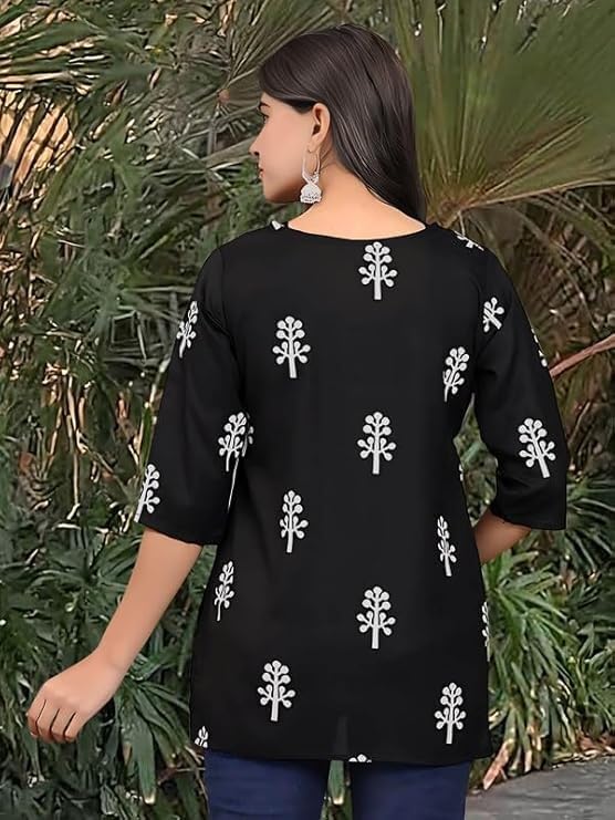 Image of Women's Regular Fit Printed Tunic Top with 3 /4 Sleeves and V Nack Long Length | Short Kurta for Women